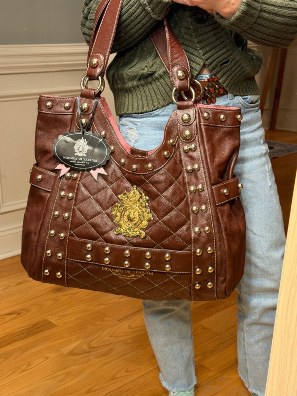 My Flat In London Y2K Maximalist Studded Leather Shoulder Bag Dark Brown BQ NWT